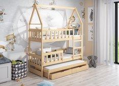 Łóżko piętrowe DOMEK drewno naturalne miejsce do spania dla 3 osób + materace sprężynowe 180x75 cm + barierka dolna do pokoju dziecka
