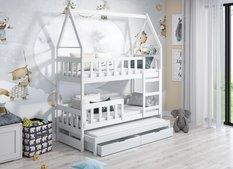 Łóżko piętrowe DOMEK drewno białe miejsce do spania dla 3 osób + materace sprężynowe 180x75 cm + barierka dolna do pokoju dziecka