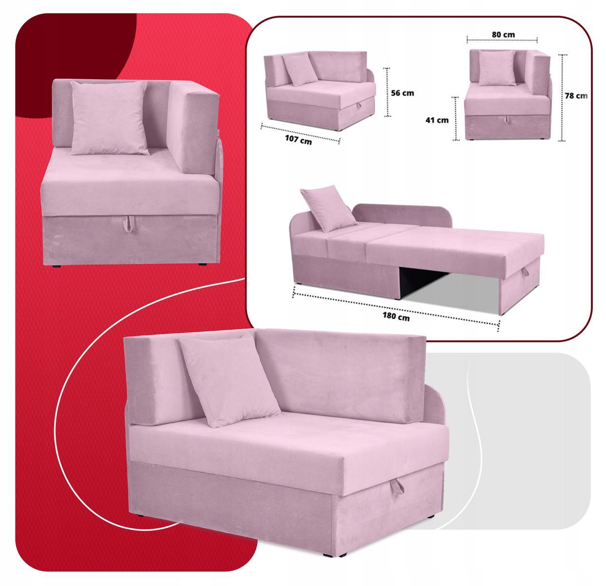 Sofa rozkładana DENIS 109x78 cm różowa z pojemnikiem na pościel narożnik tapczan kanapa dla dziecka 6 Full Screen